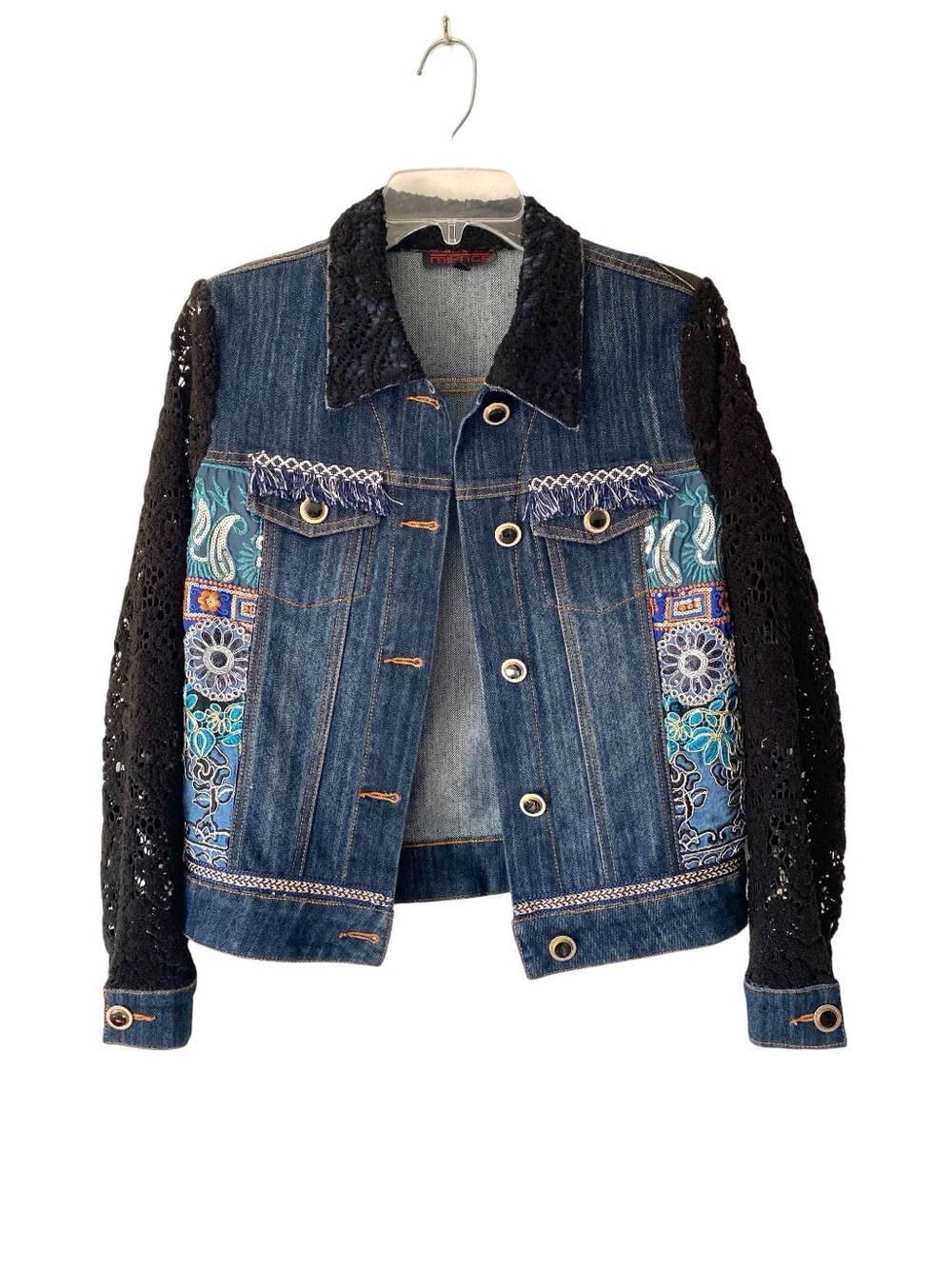 Mischa Sequin Embellished Denim Jacket wBlack Crochet Lace Sleeves size small